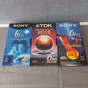 Lot of 3 Sony & TDK T-120 VHS Blank Tapes New‎ Factory Sealed NOS 6-Hour